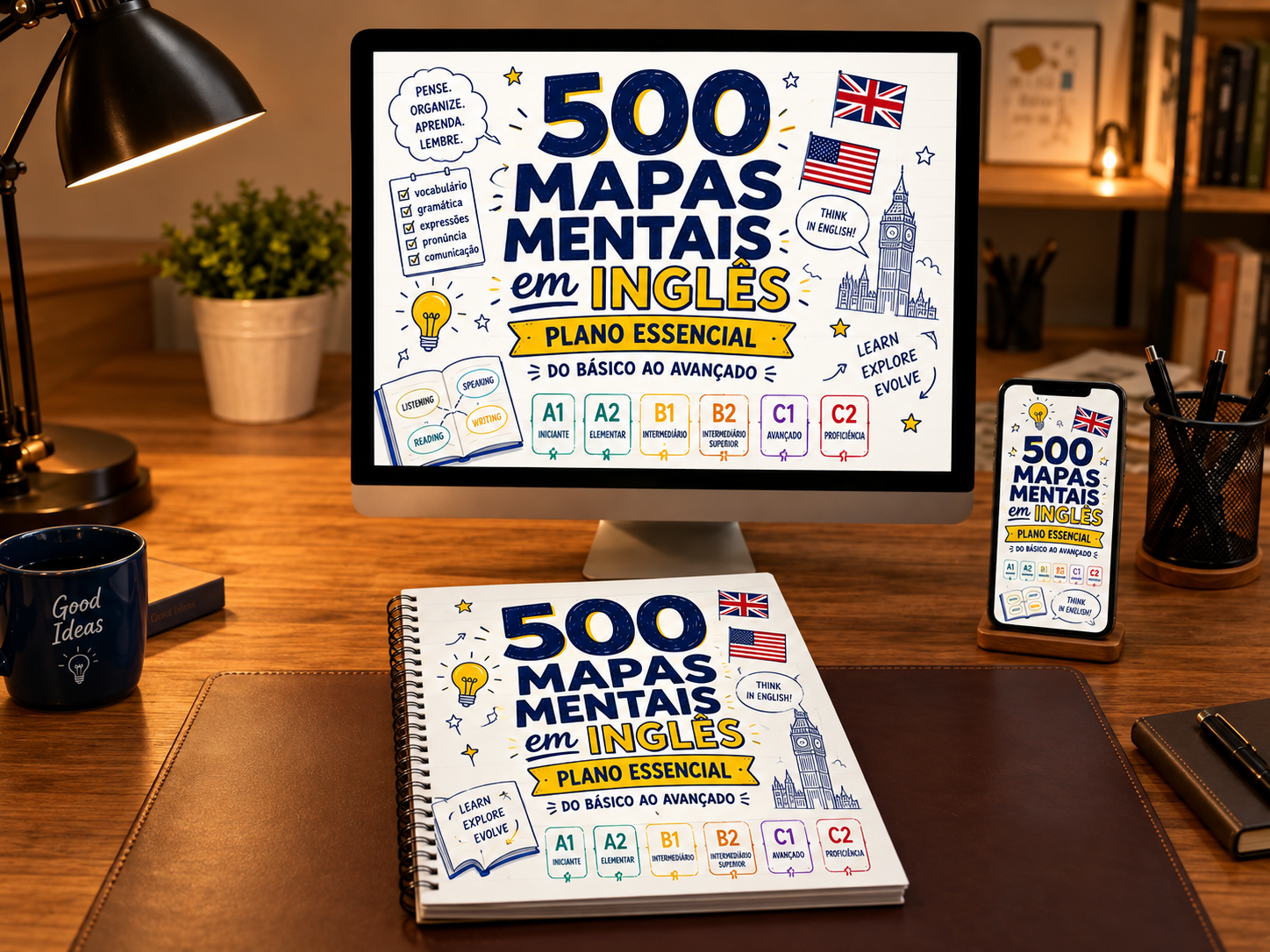 Mockup do Plano Essencial com 500 mapas mentais de inglês